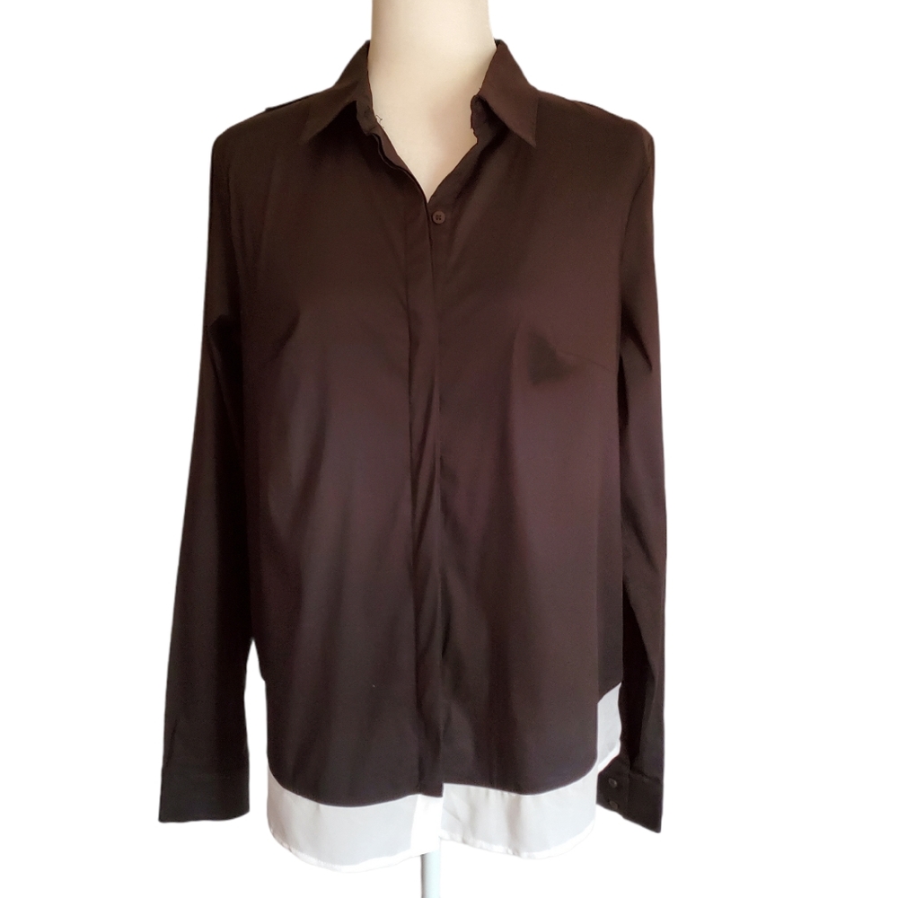 Bailey 44 Blouse Women Large Black Cream Sheer Goth Layer‎ Work Office Stretch L